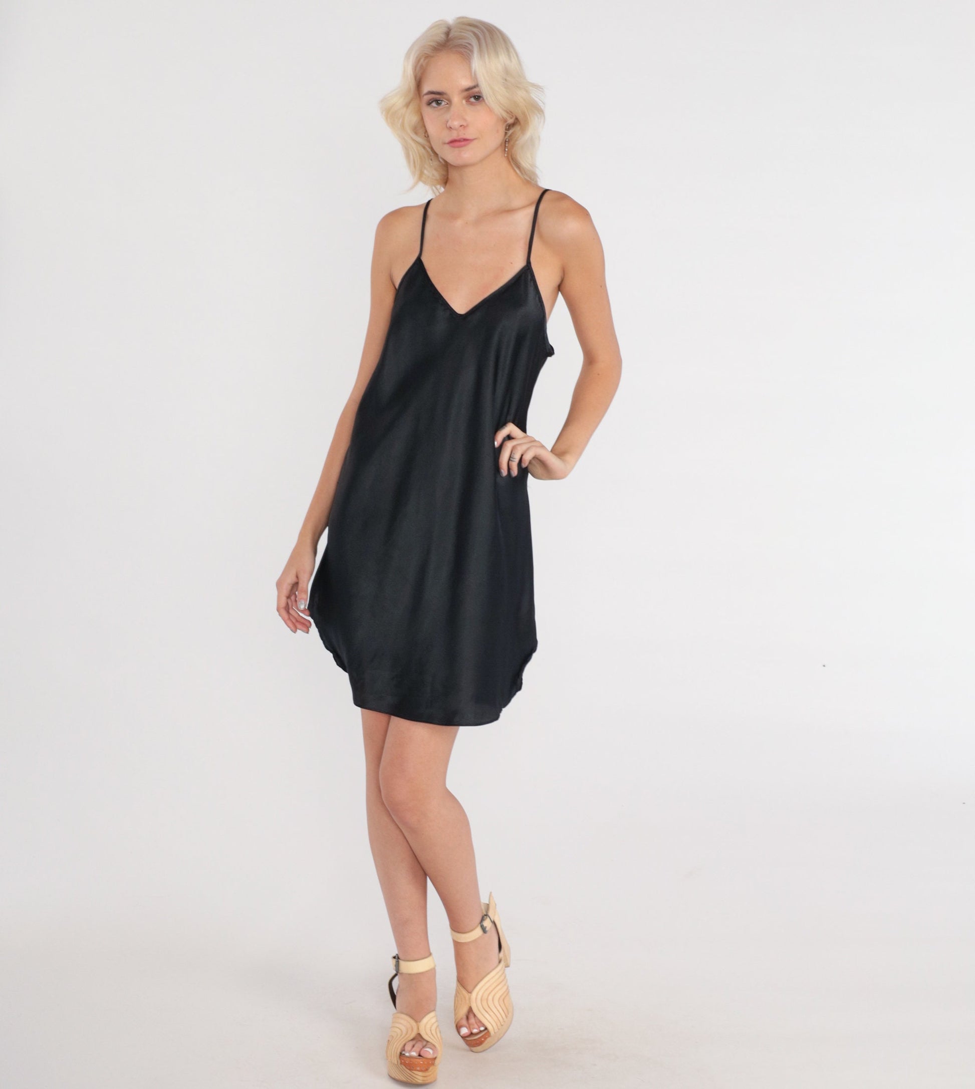 90s Black Satin Slip Dress V-Neck Spaghetti Strap Mini Medium