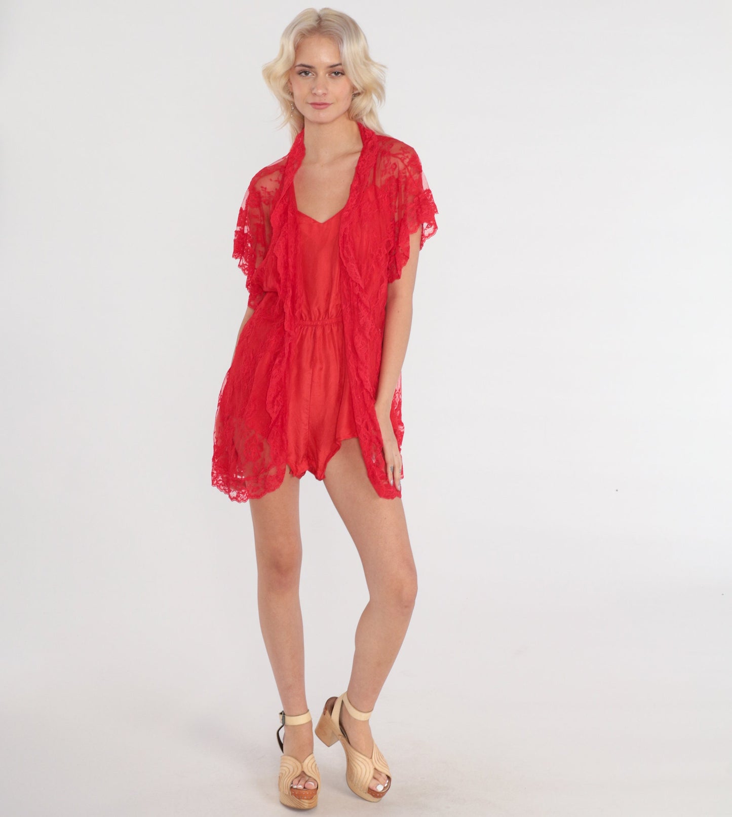 80s Mervyn's Red Lace Floral Lingerie Robe Open Front Short Sleeve One Size