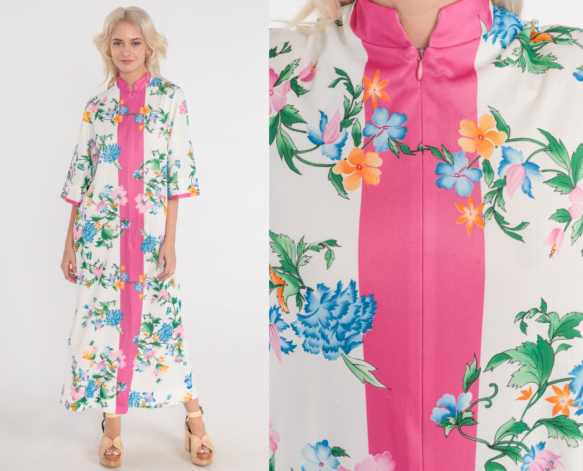 70s Floral Maxi Lounge Dress White Pink Half Sleeve Zip Front Small