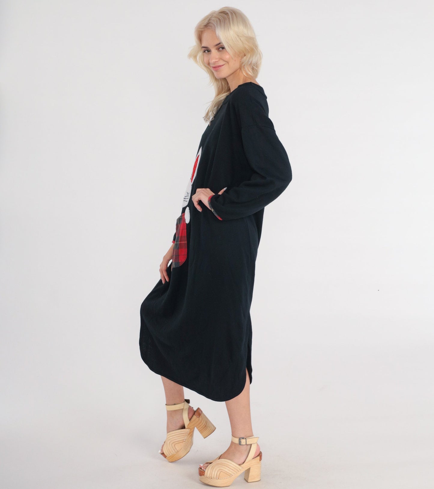 90s Bunny Pajama Dress Black Plaid Pocket Midi Nightgown Long Sleeve Small