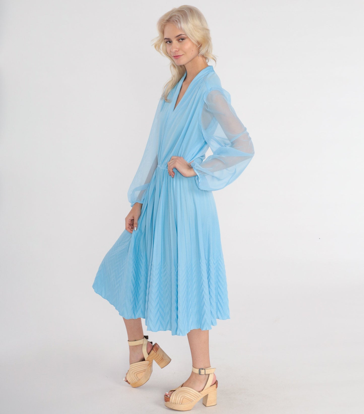 70s Blue Midi Dress V-Neck High Waisted Knife Pleated Sheer Sleeve Medium M