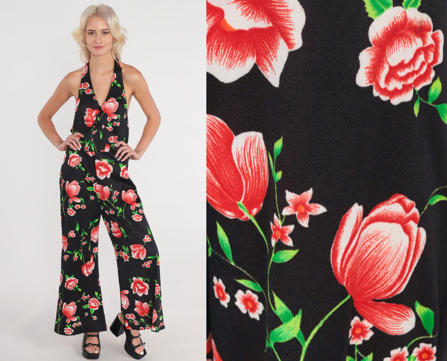70s Black Floral Halter Jumpsuit Bell Bottom Wide Leg Medium M