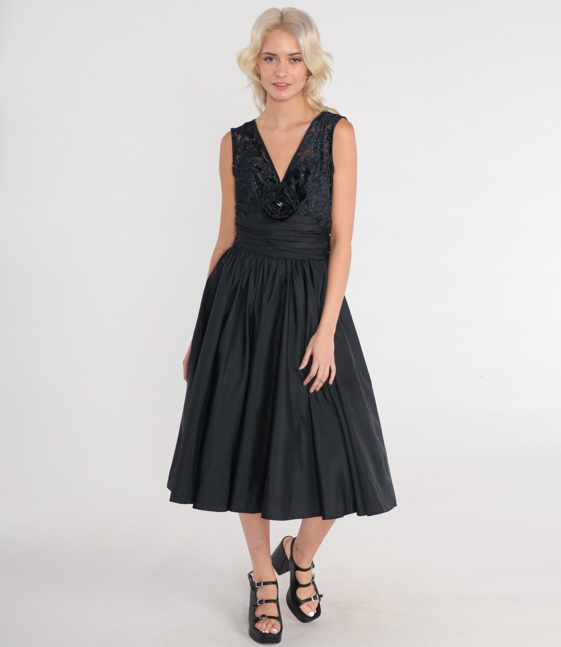 80s Black Velvet Burnout Midi Dress Beaded Rosette V-Neck Lace-Up Back Small