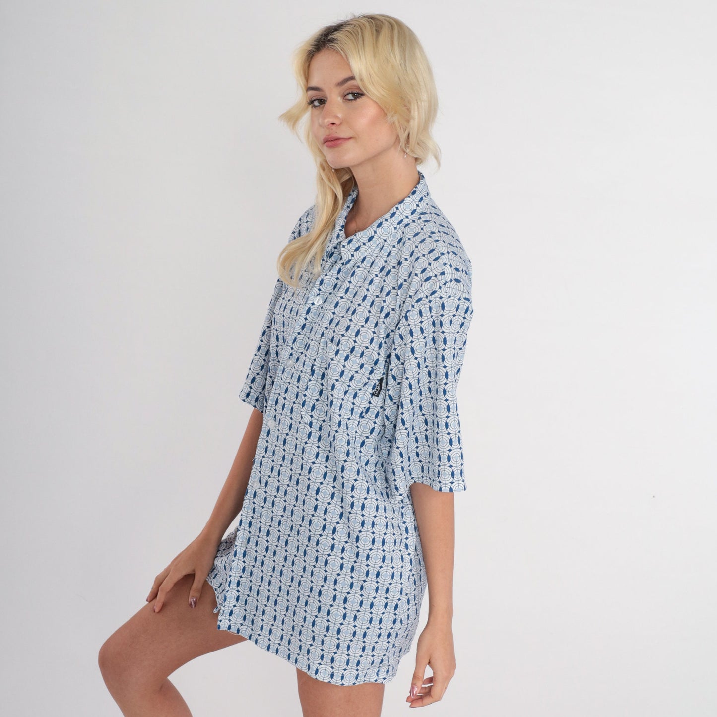90s Geometric Circle Print Button-Up Shirt Blue White Abstract Short Sleeve Extra Large