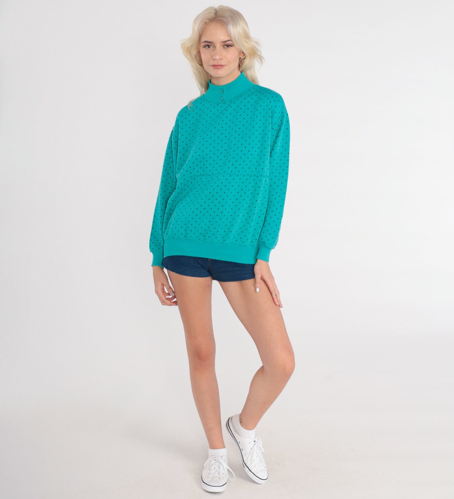 90s Polka Dot Mock Neck Sweatshirt Turquoise Green Small S
