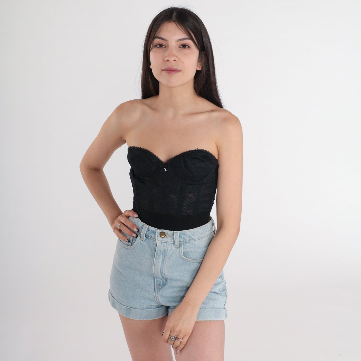 80s Black Lace Bustier Corset Boned Strapless Sweetheart Bra 32B