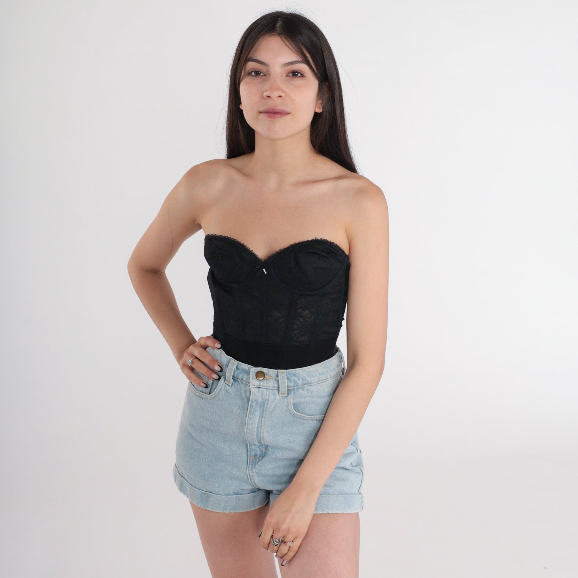 80s Black Lace Bustier Corset Boned Strapless Sweetheart Bra 32B
