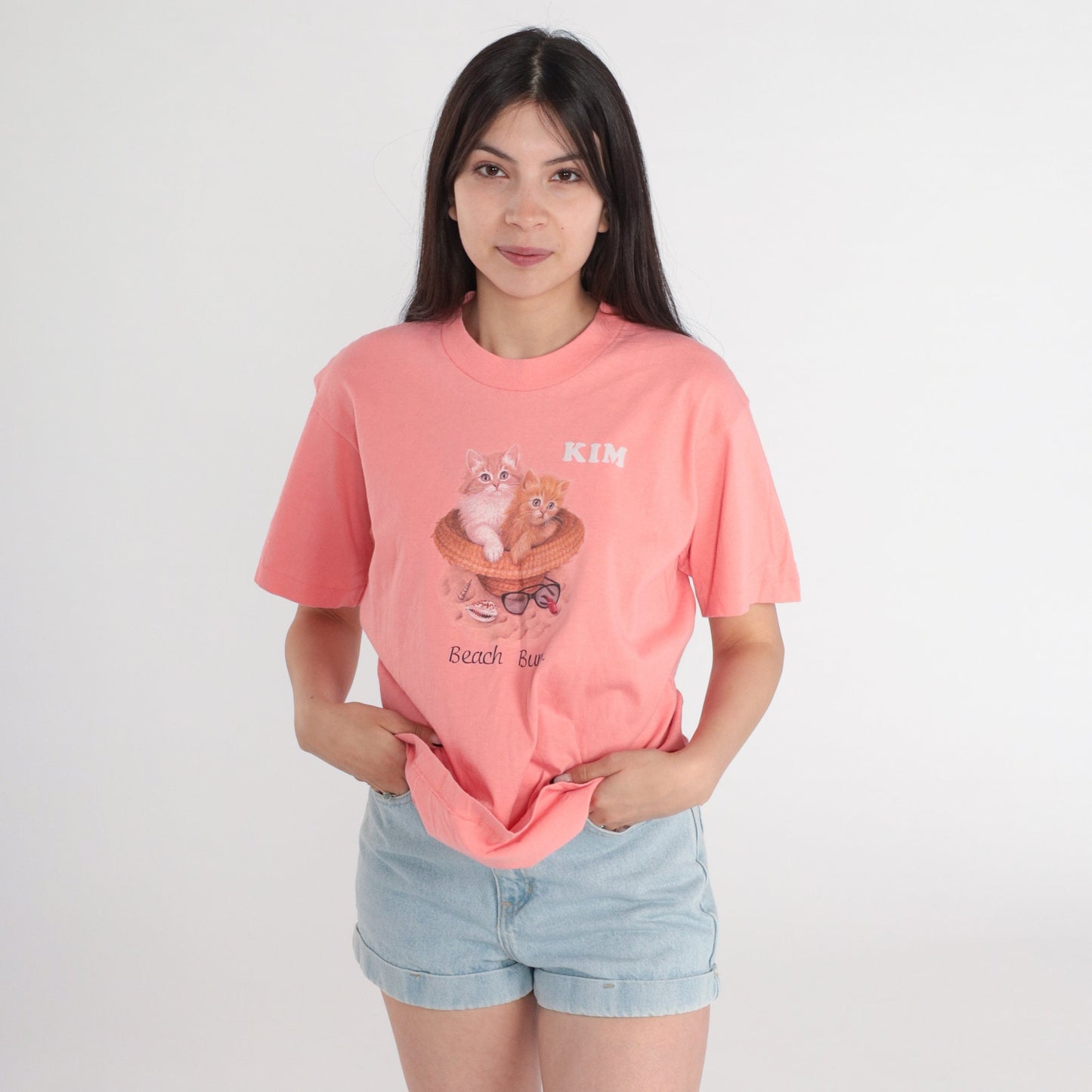 90s Beach Bums Cat Graphic T-Shirt Pink Kitten Tee Medium