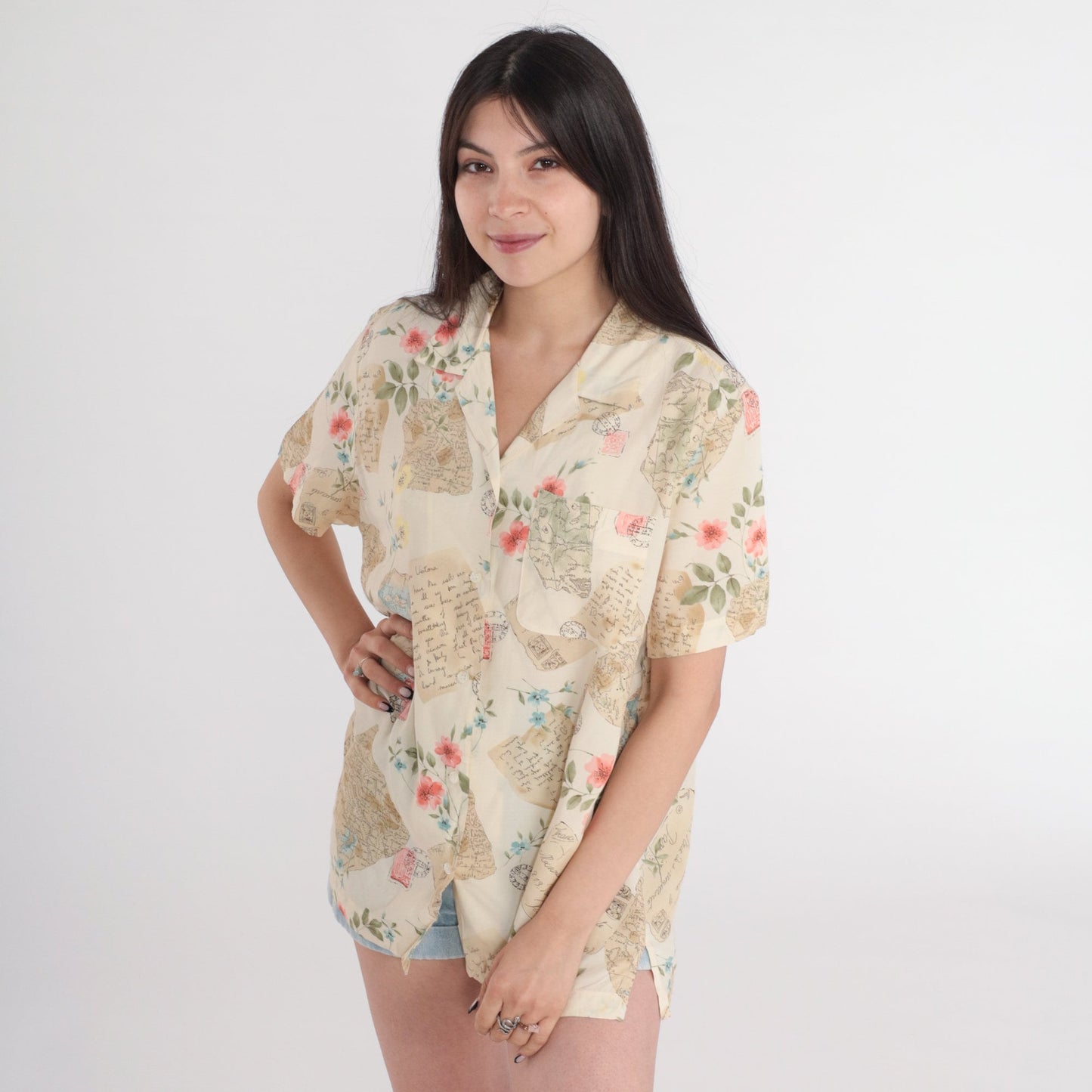 90s Liz Claiborne Travel Print Button-Up Blouse Cream Floral Postcard Shirt Large