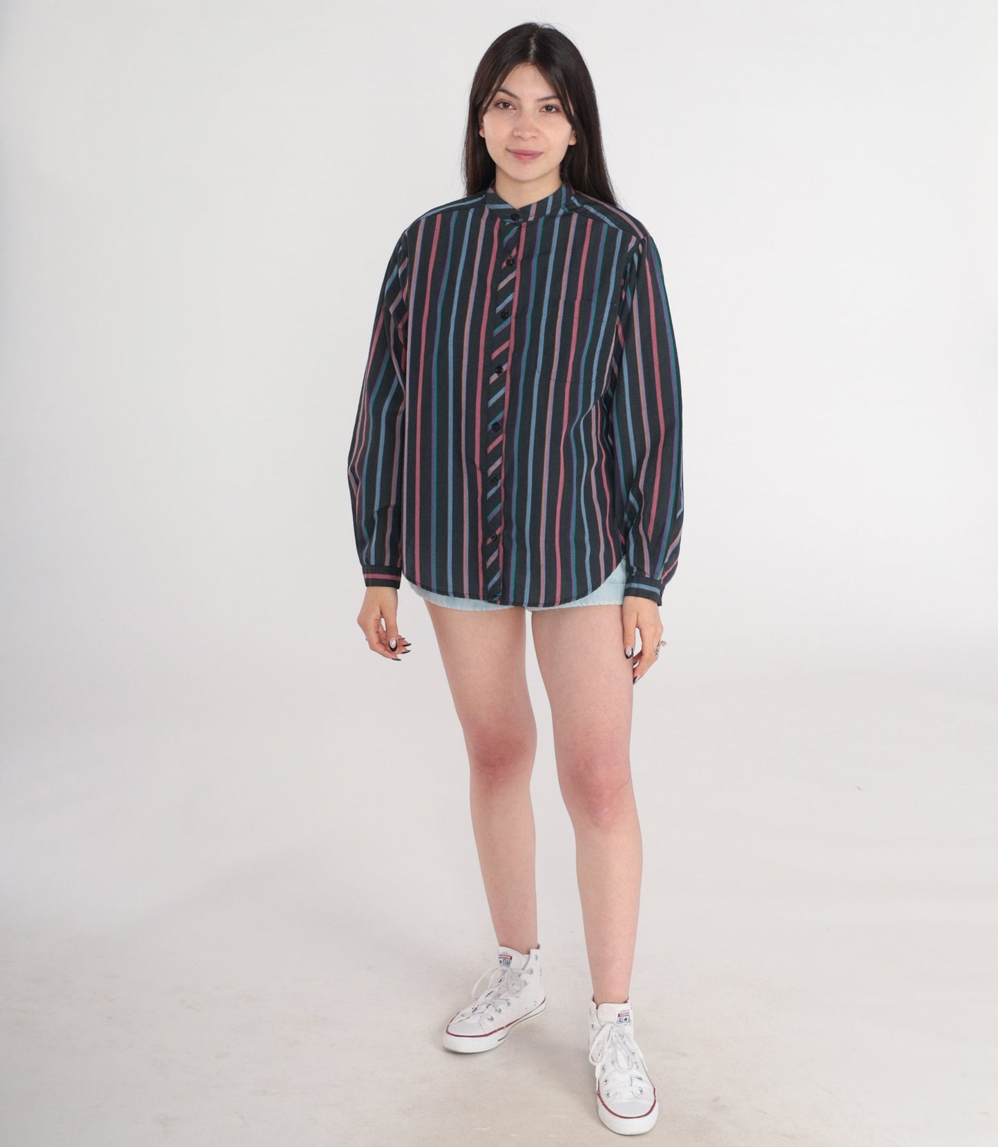90s Black Striped Button-Up Blouse Chest Pocket Long Sleeve Medium
