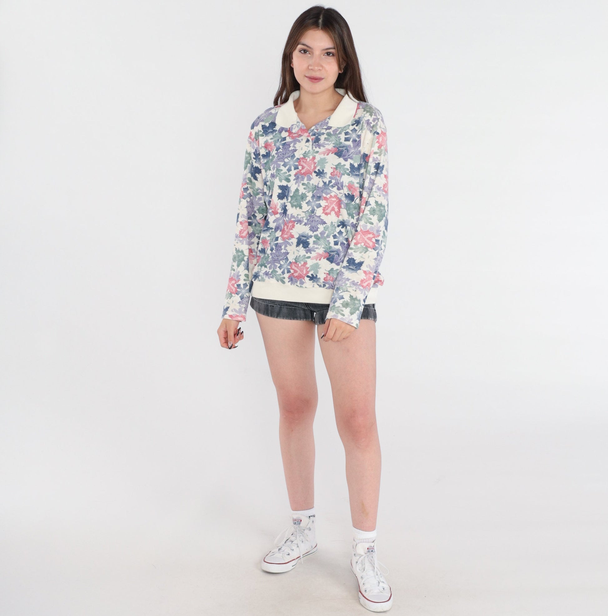 90s Leaf Print Collared Sweatshirt Blair Polo Cream Multi Large L