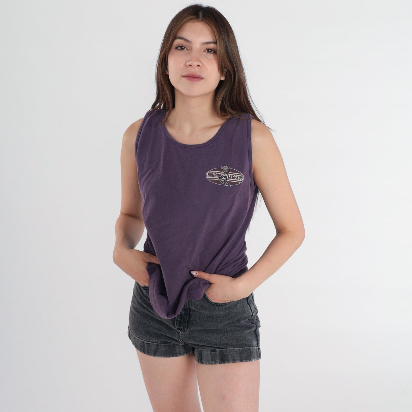 90s Hawaiian Legends Surf Graphic Tank Top Purple Cotton Small S