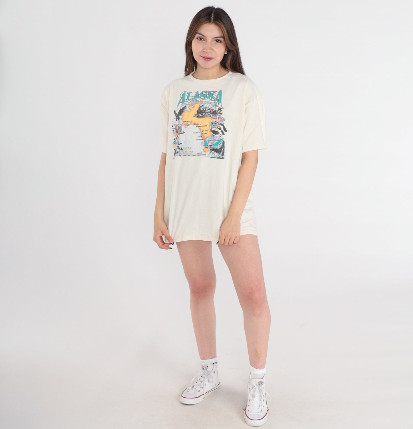 90s Alaska Map Graphic T-Shirt Jerzees Cream Cotton Large