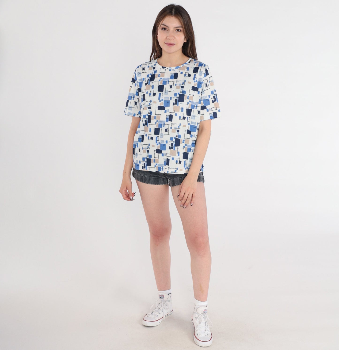 90s Geometric Square Print Blouse Short Sleeve White Blue Beige Large L