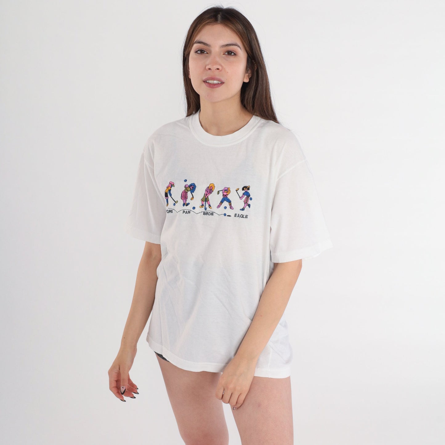 00s Golfer Girl Embroidered Golf Graphic T-Shirt White Cotton Medium
