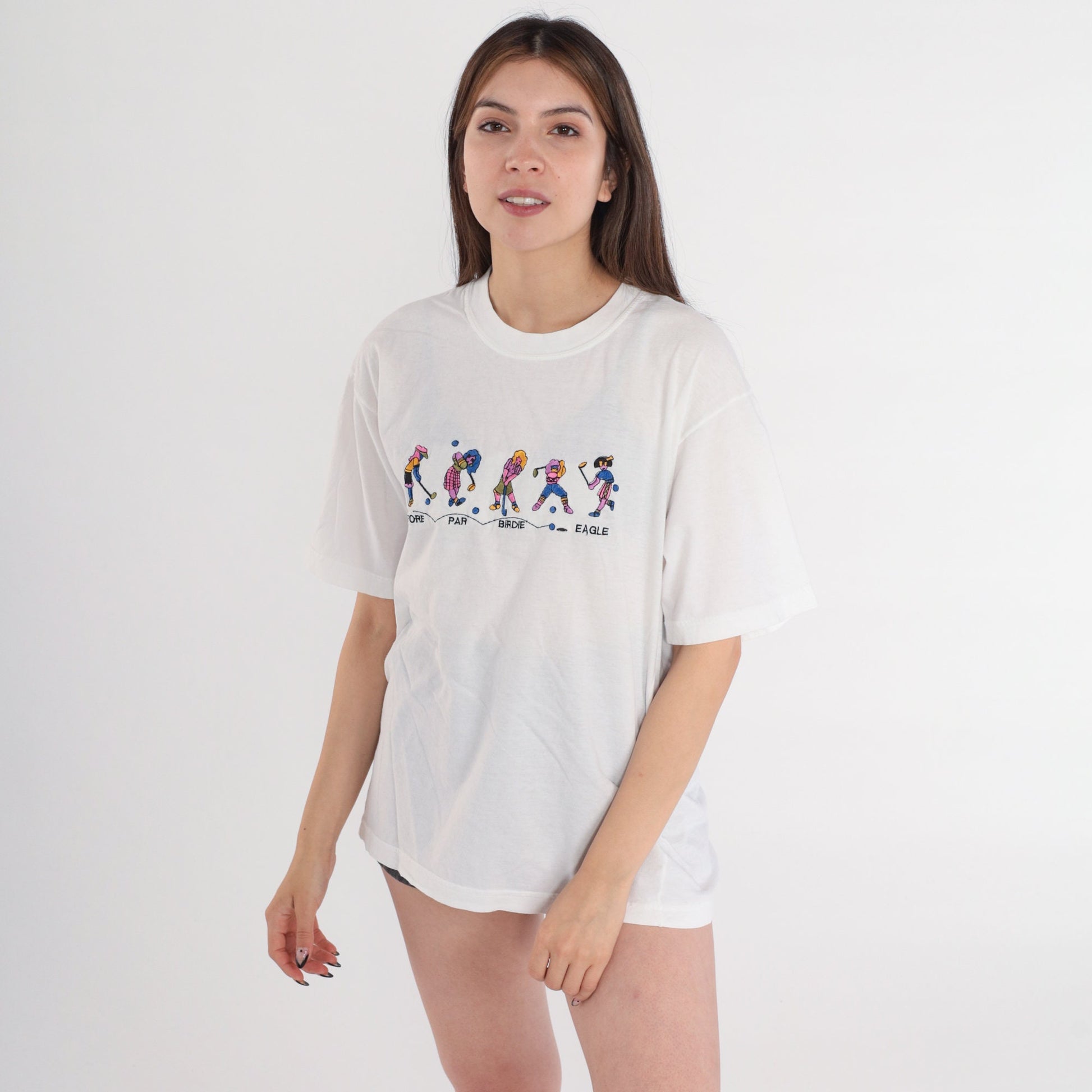 00s Golfer Girl Embroidered Golf Graphic T-Shirt White Cotton Medium
