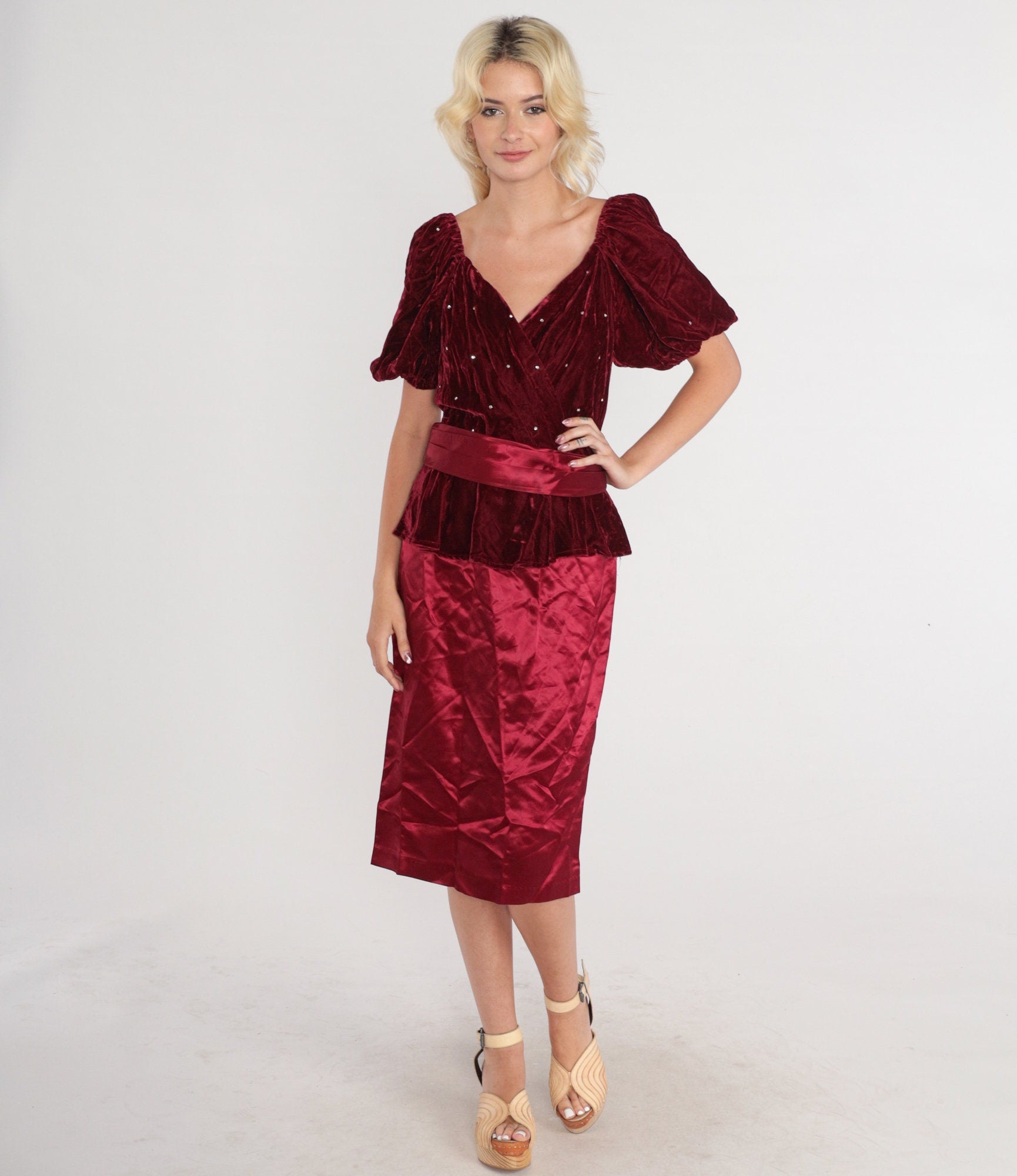 80s Burgundy Velvet Midi Dress Rhinestone Puff Sleeve V-Neck Small