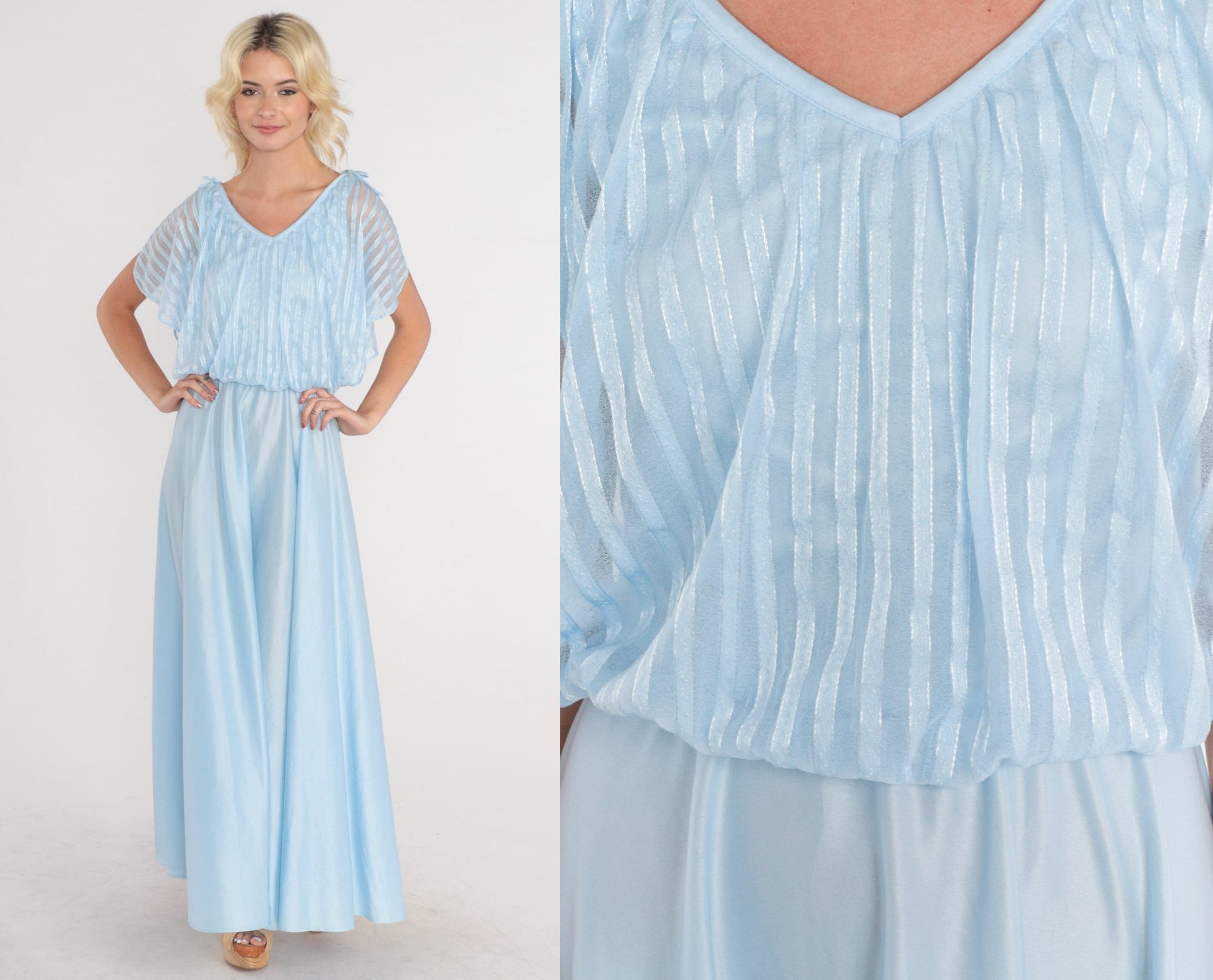 70s Baby Blue Maxi Dress Grecian High Waisted Flutter Sleeve Small XS