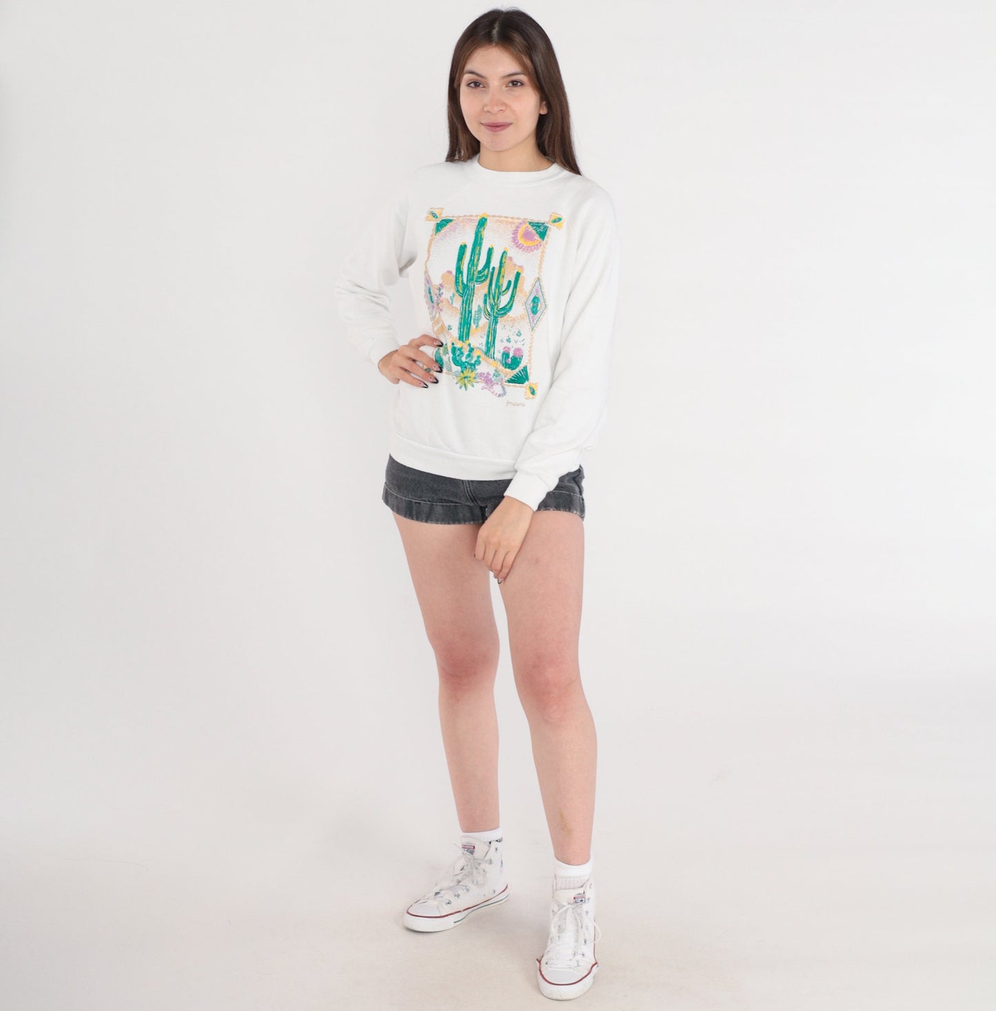 90s Arizona Desert Glitter Sweatshirt White Cactus Graphic Crewneck Medium M