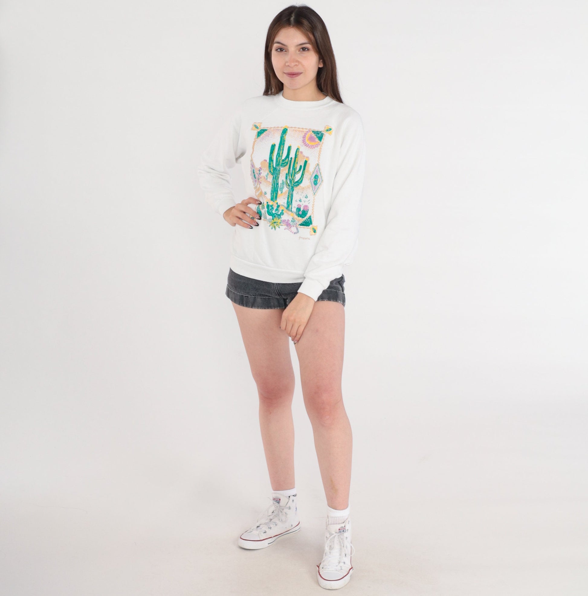 90s Arizona Desert Glitter Sweatshirt White Cactus Graphic Crewneck Medium M