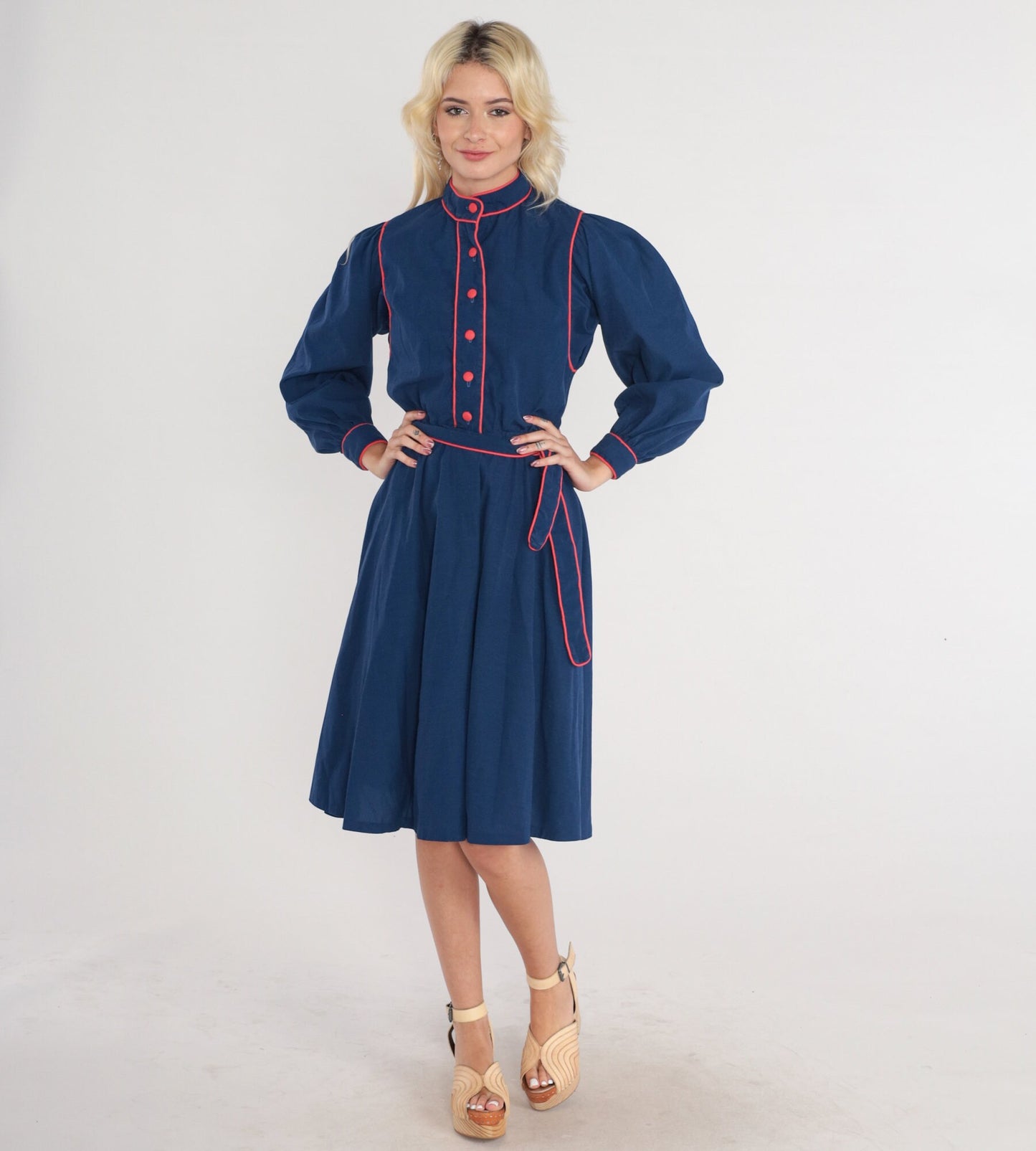 80s Navy Blue Shirtwaist Dress Puff Sleeve Mock Neck Belted Knee Length Extra Small
