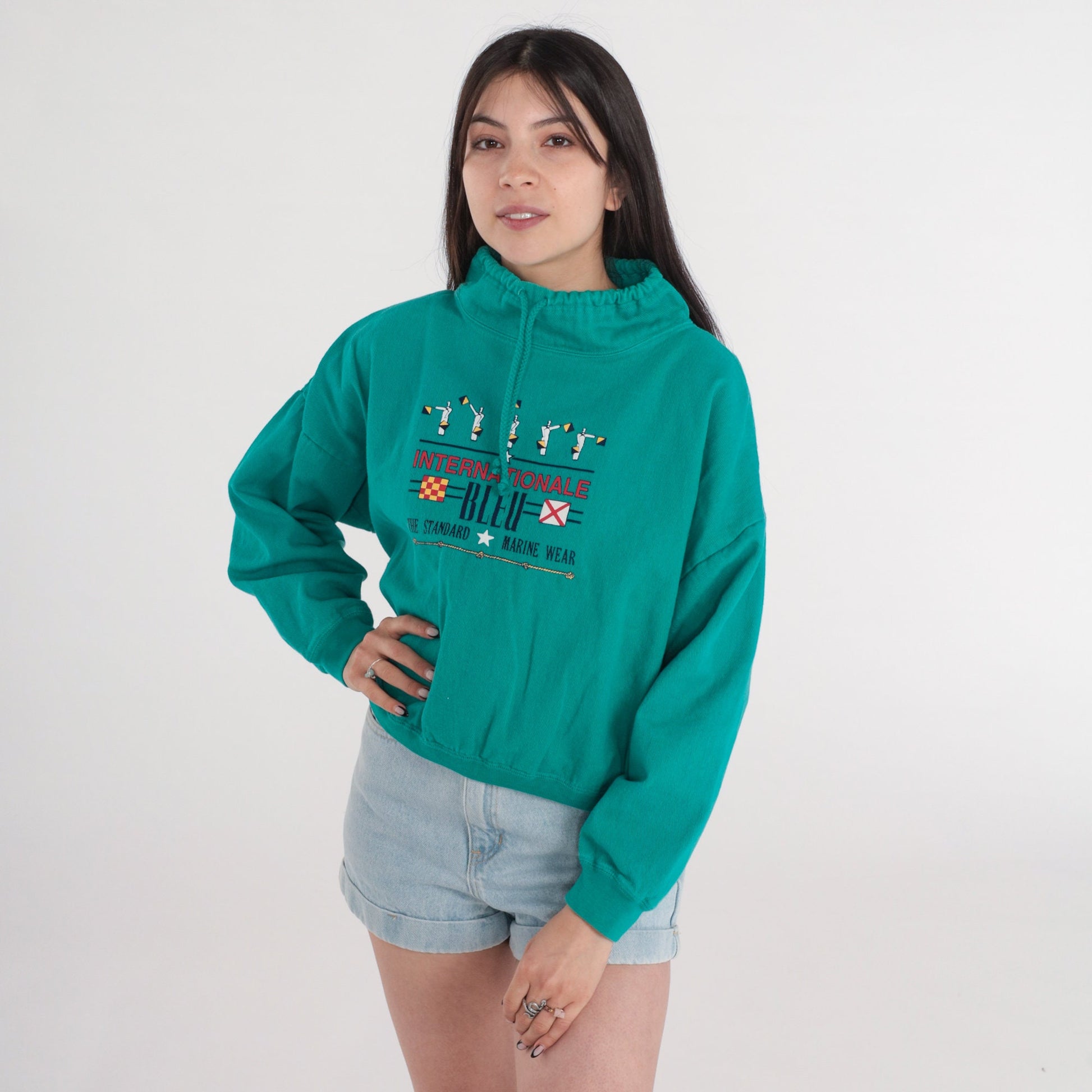 90s Internationale Bleu Nautical Cotton Sweatshirt Green Funnel Neck Small Medium
