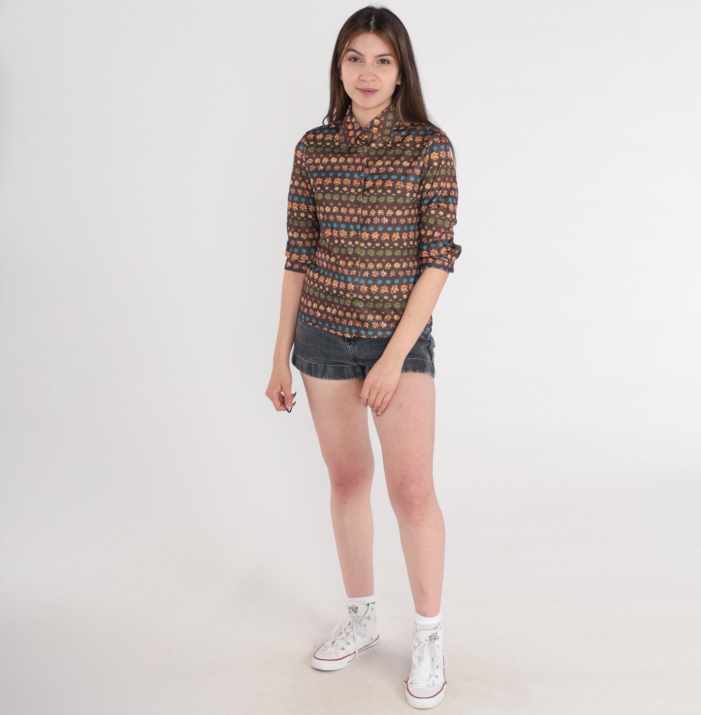 Y2K Brown Floral Button-Up Blouse Dagger Collar Long Sleeve Extra Small