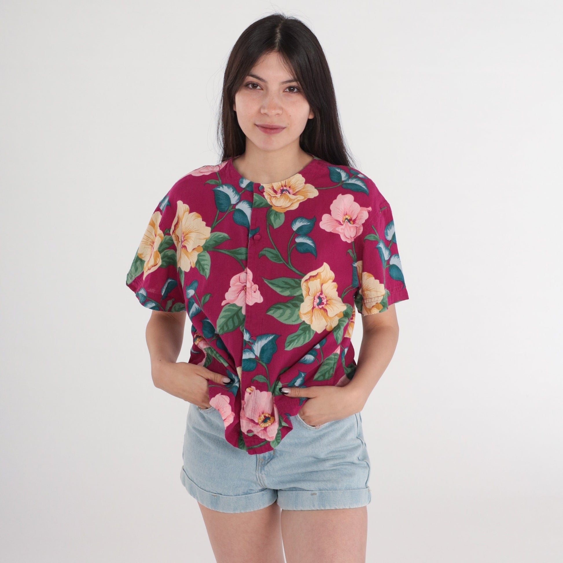 90s Liz Claiborne Floral Button-Up Blouse Fuchsia Pink Short Sleeve Medium
