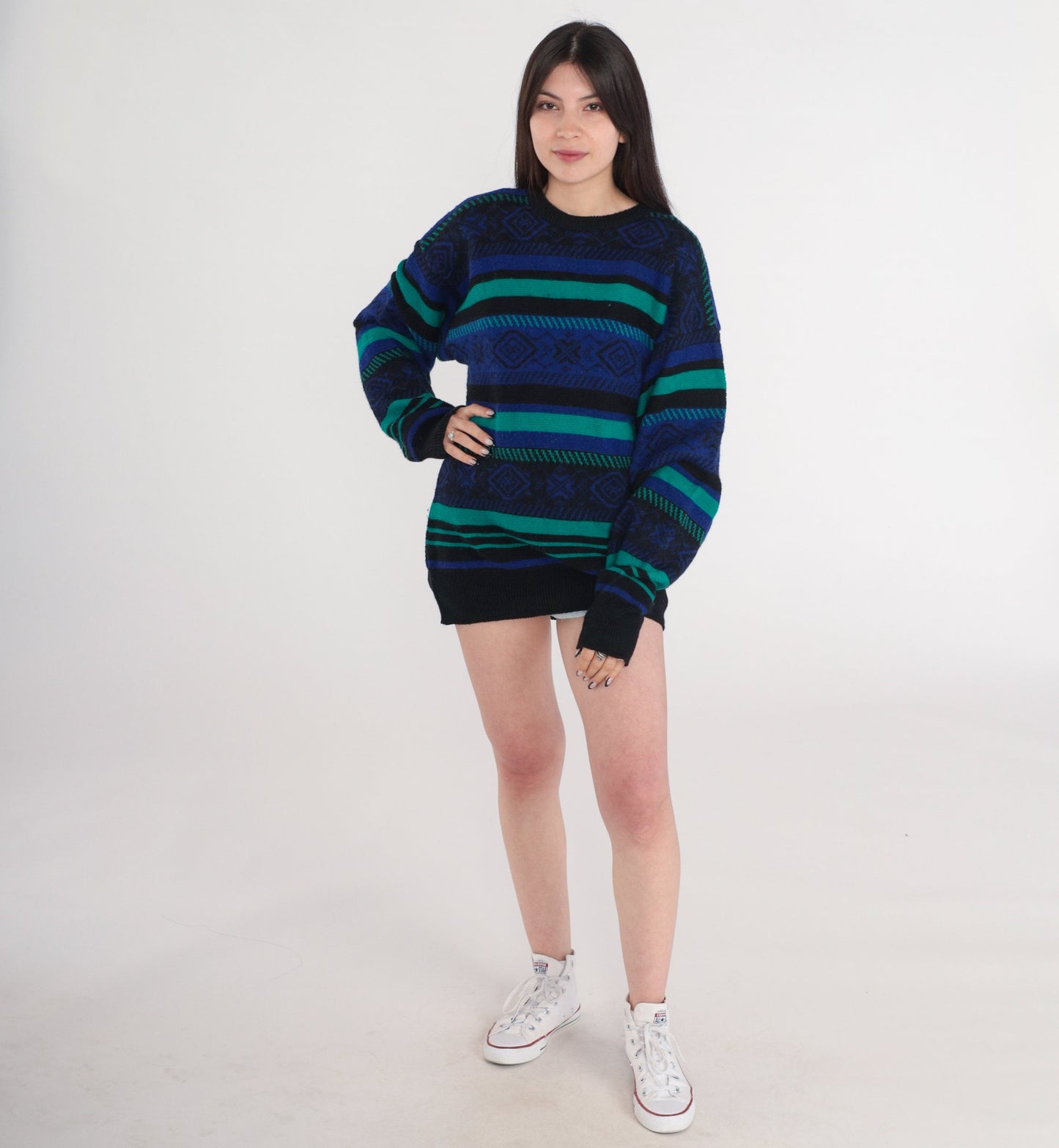 90s Meister Geometric Striped Sweater Black Purple Green Wool Blend Medium