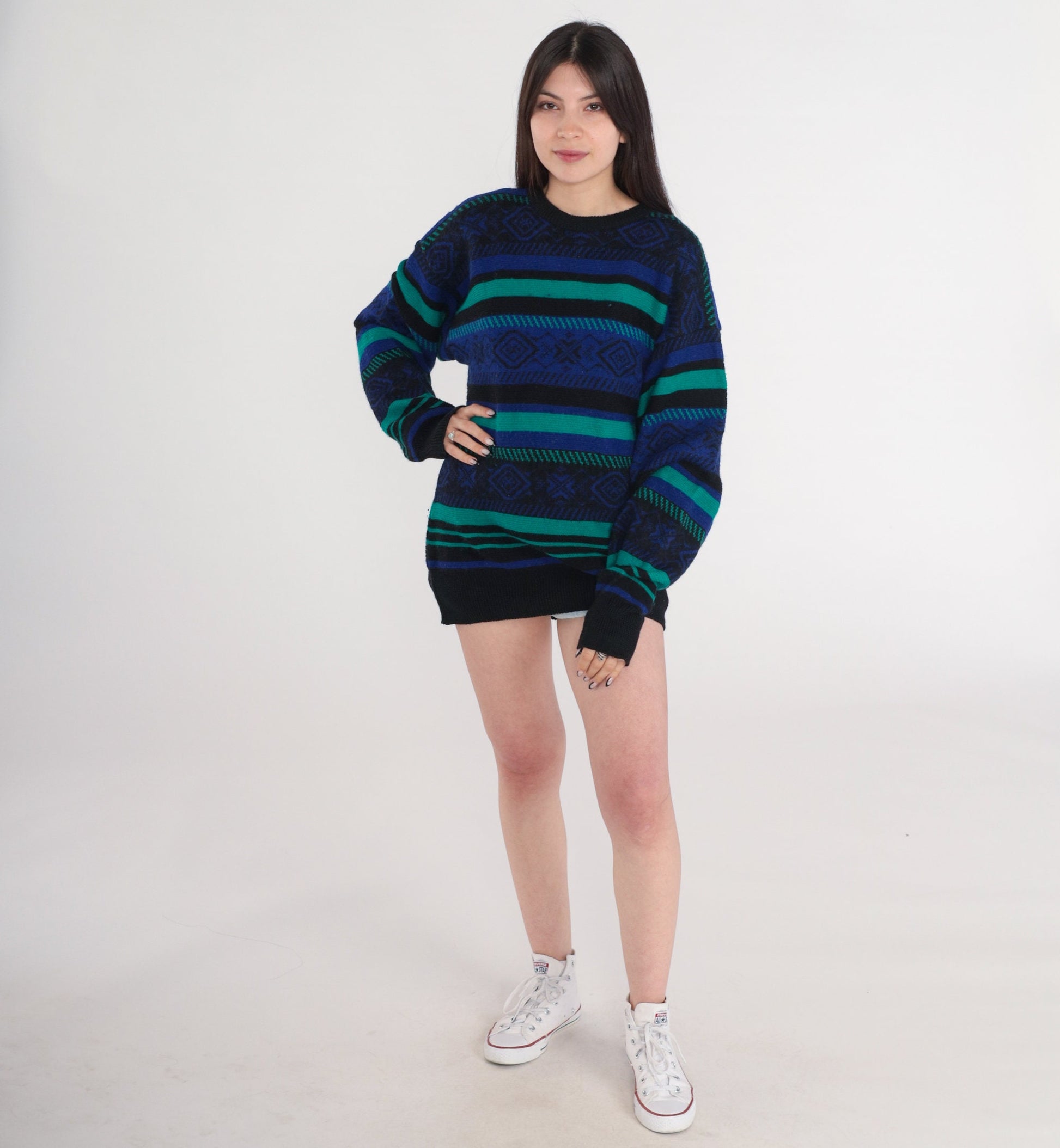 90s Meister Geometric Striped Sweater Black Purple Green Wool Blend Medium