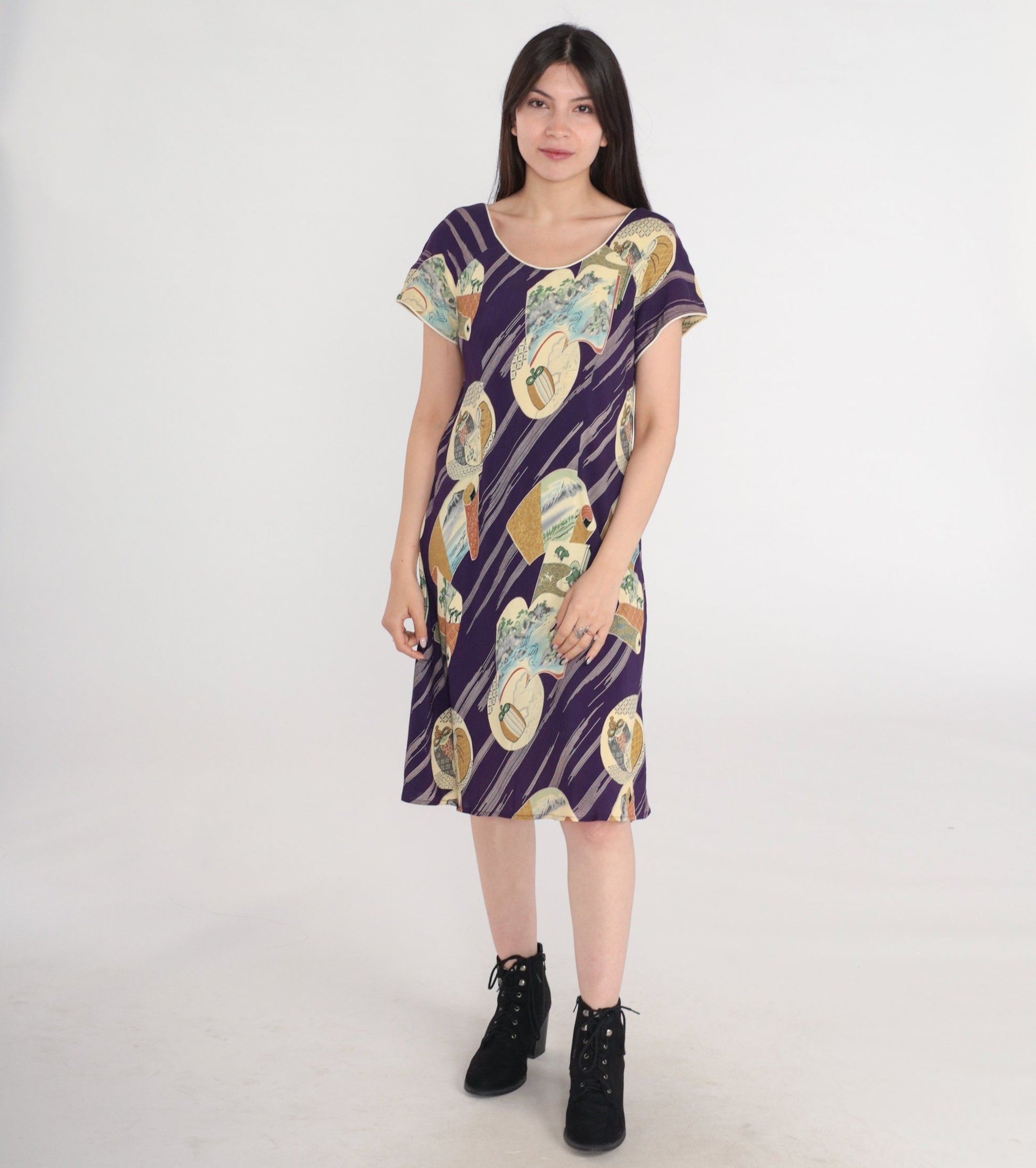 90s Japanese Landscape Purple Shift Dress Mini Short Sleeve Small S