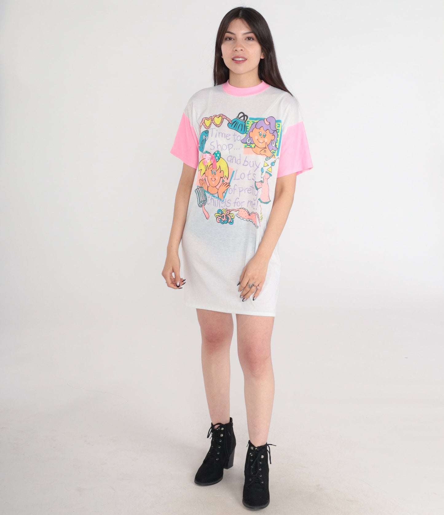 90s Time To Shop Graphic Nightgown Hot Pink Ringer Dress Small Medium