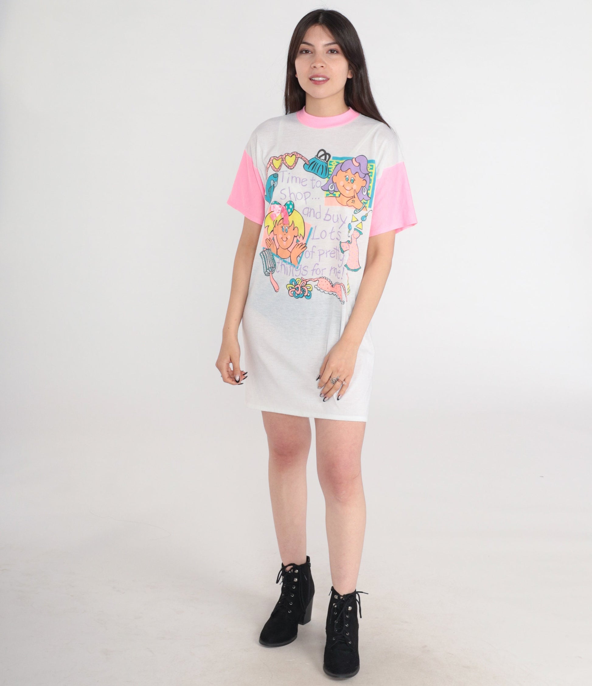 90s Time To Shop Graphic Nightgown Hot Pink Ringer Dress Small Medium