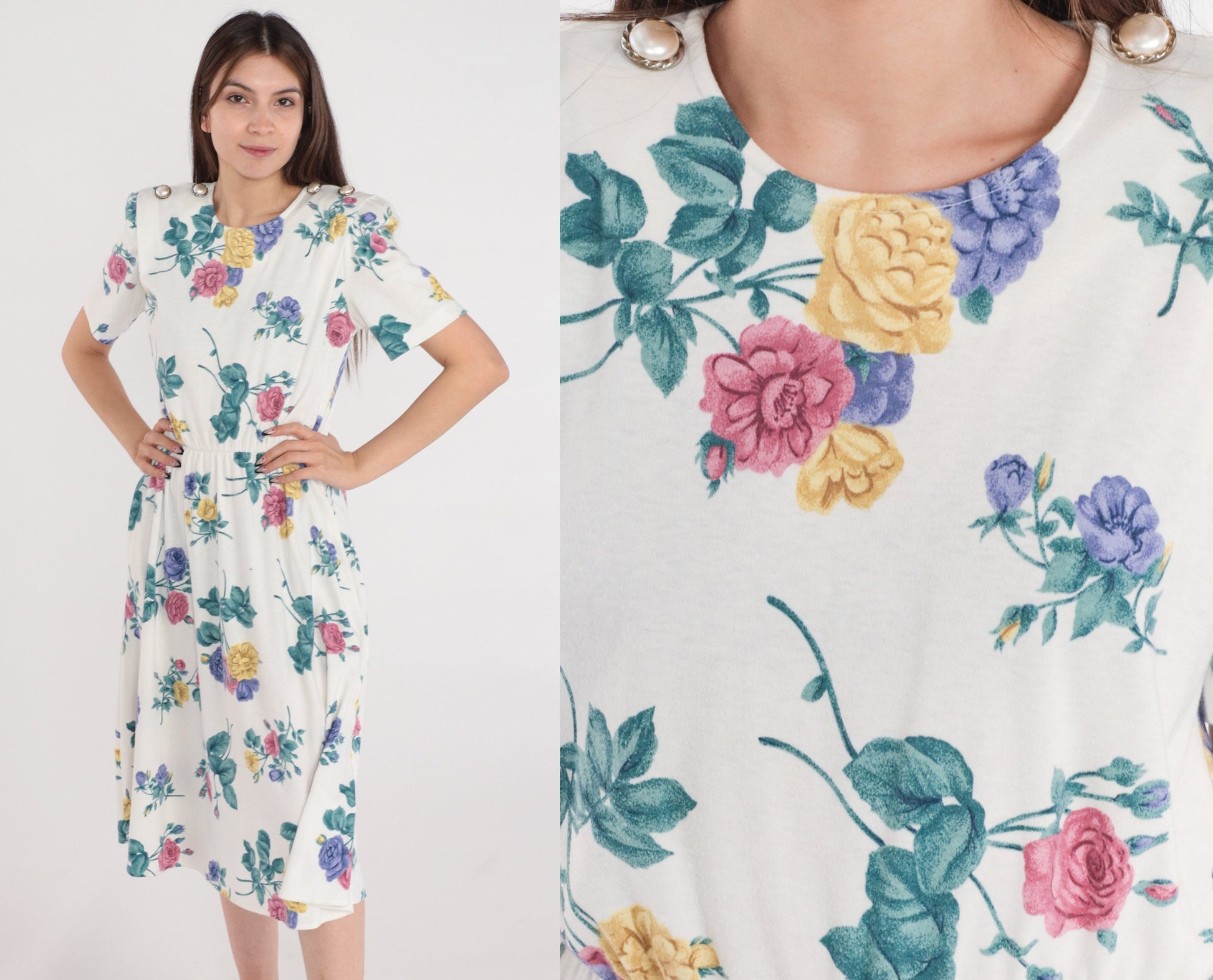 80s White Floral Midi Dress High Waist Puff Sleeve Button Shoulder Small