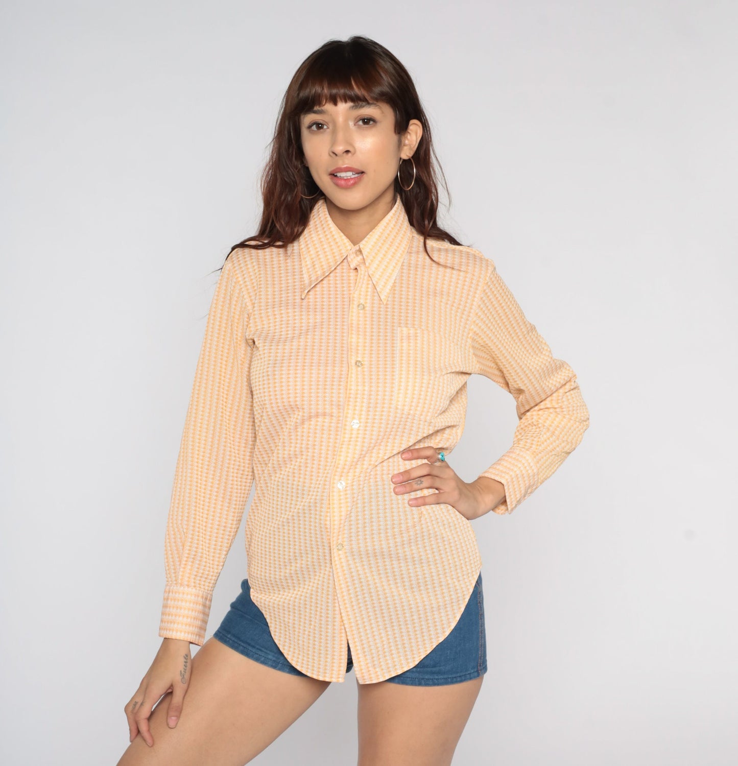 70s Checkered Dagger Collar Shirt Orange Plaid Button-Up Medium