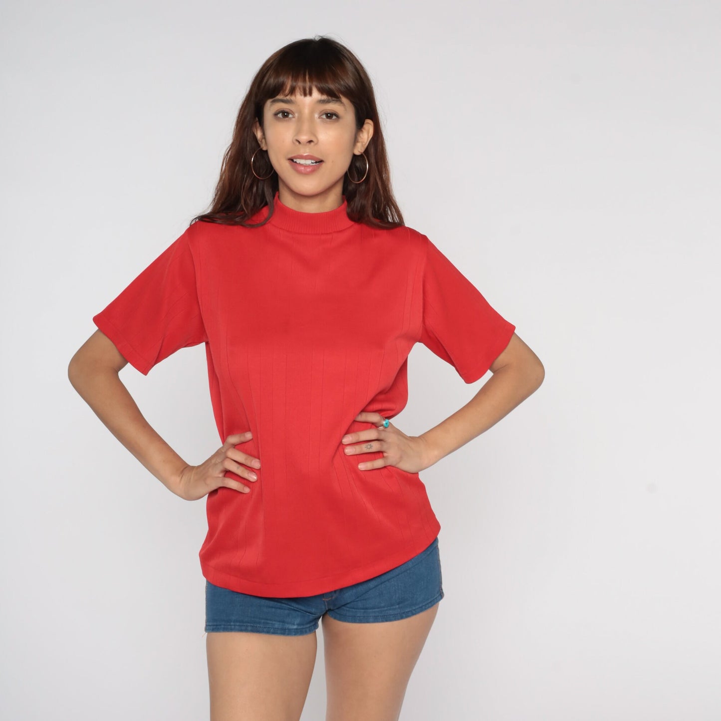 70s Red Mock Neck Ribbed Shirt Short Sleeve Vintage Blouse Medium Large