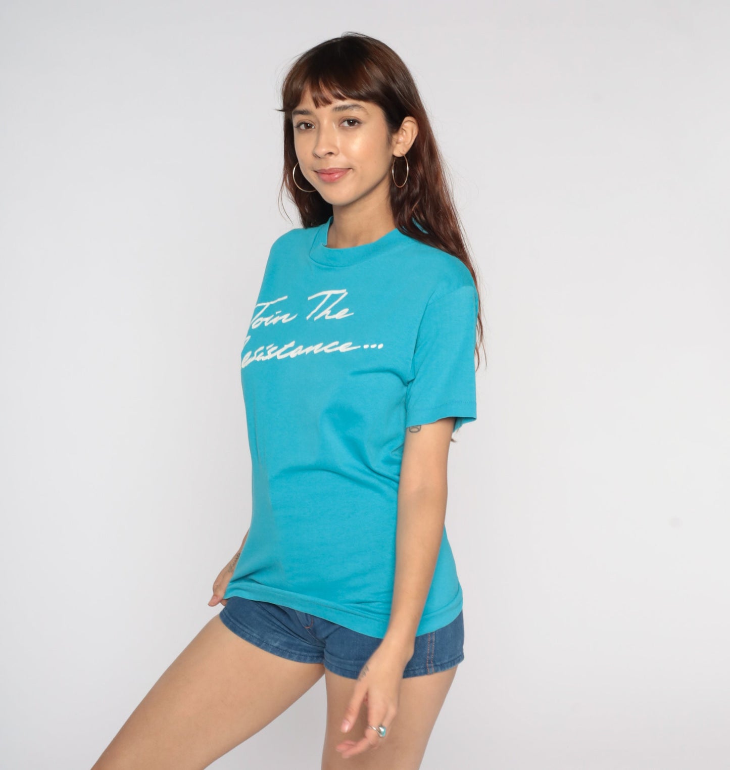 80s Join The Resistance Pump Iron Gym T-Shirt Blue Graphic Tee Medium