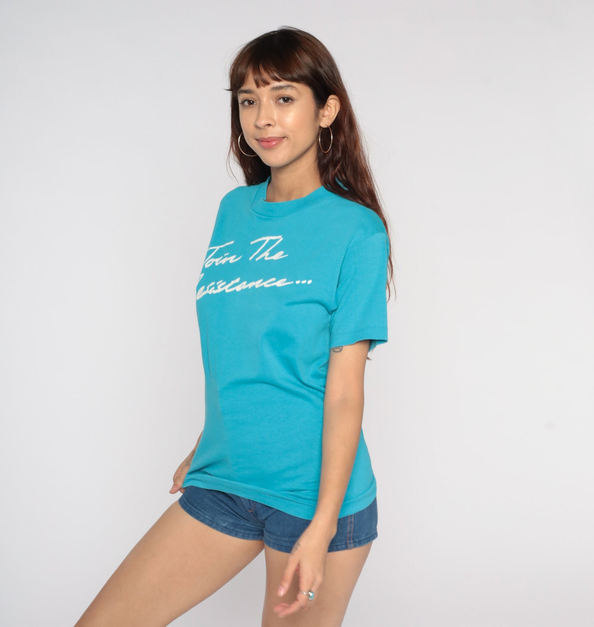 80s Join The Resistance Pump Iron Gym T-Shirt Blue Graphic Tee Medium