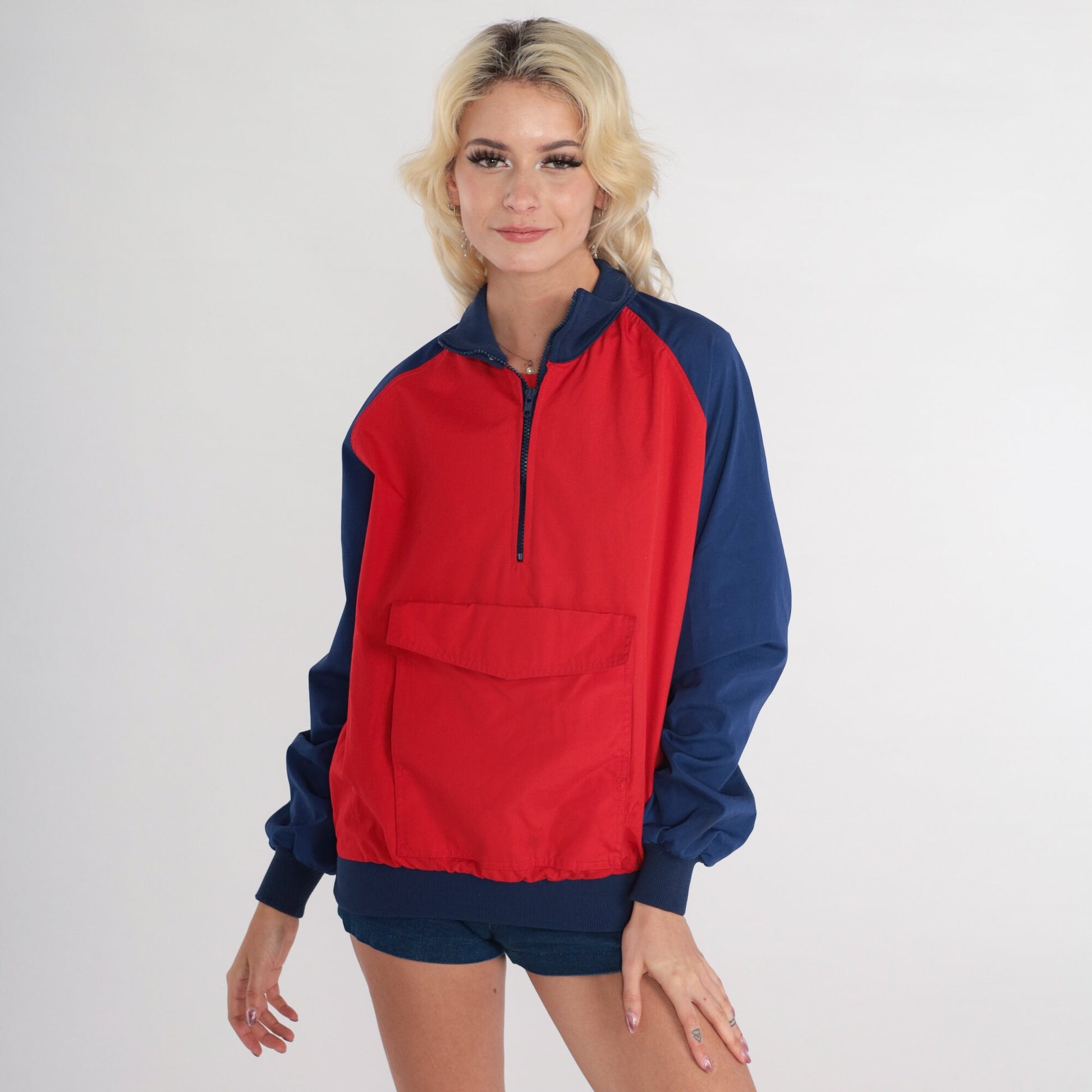 80s Compass Point Color Block Windbreaker Red Blue Quarter Zip Raglan Extra Small