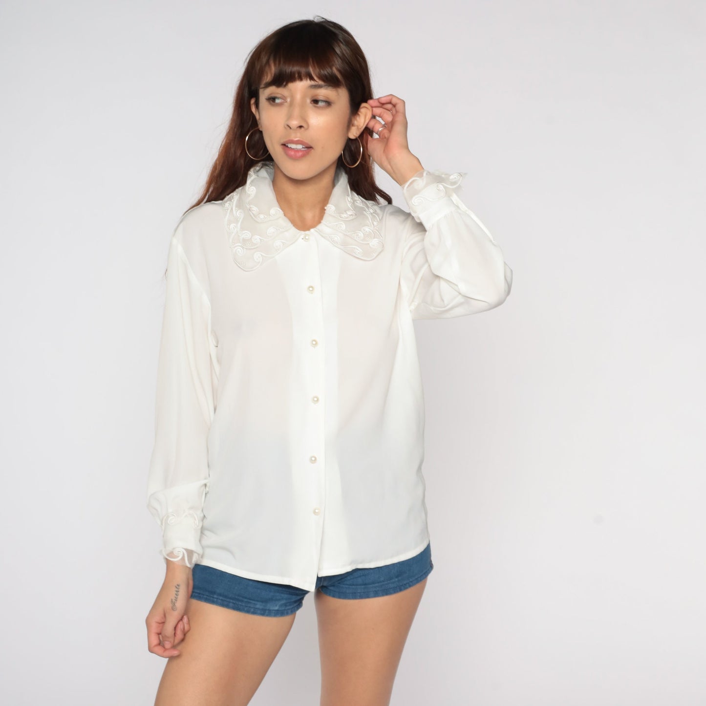 80s White Beaded Blouse Soutache Collar Button-Up Long Sleeve Small