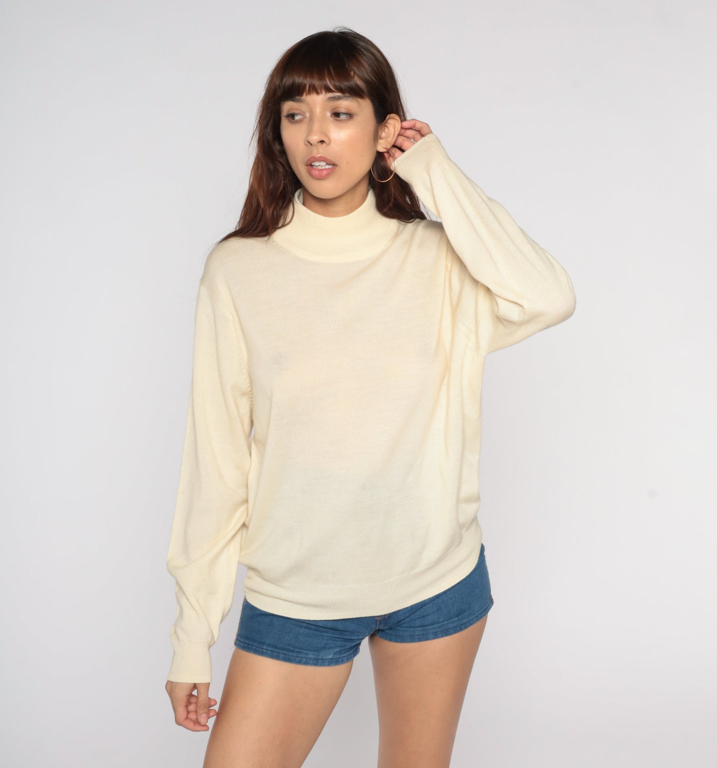 Y2K Merino Wool Mock Neck Sweater Cream Semi-Sheer Knit Small S