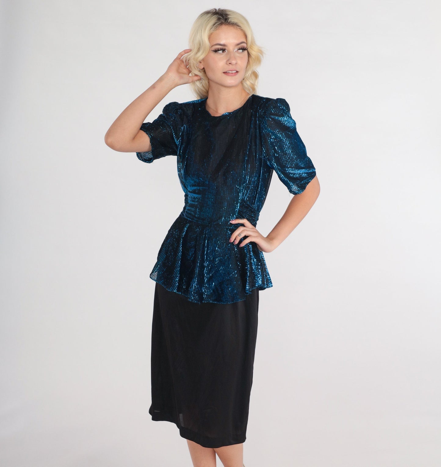 80s Diamonds Run Metallic Peplum Midi Dress Blue Black Puff Sleeve Small