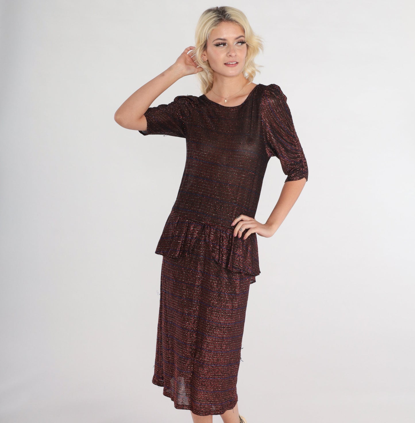 70s Metallic Peplum Midi Dress Puff Sleeve Sparkly Party Cocktail Small S