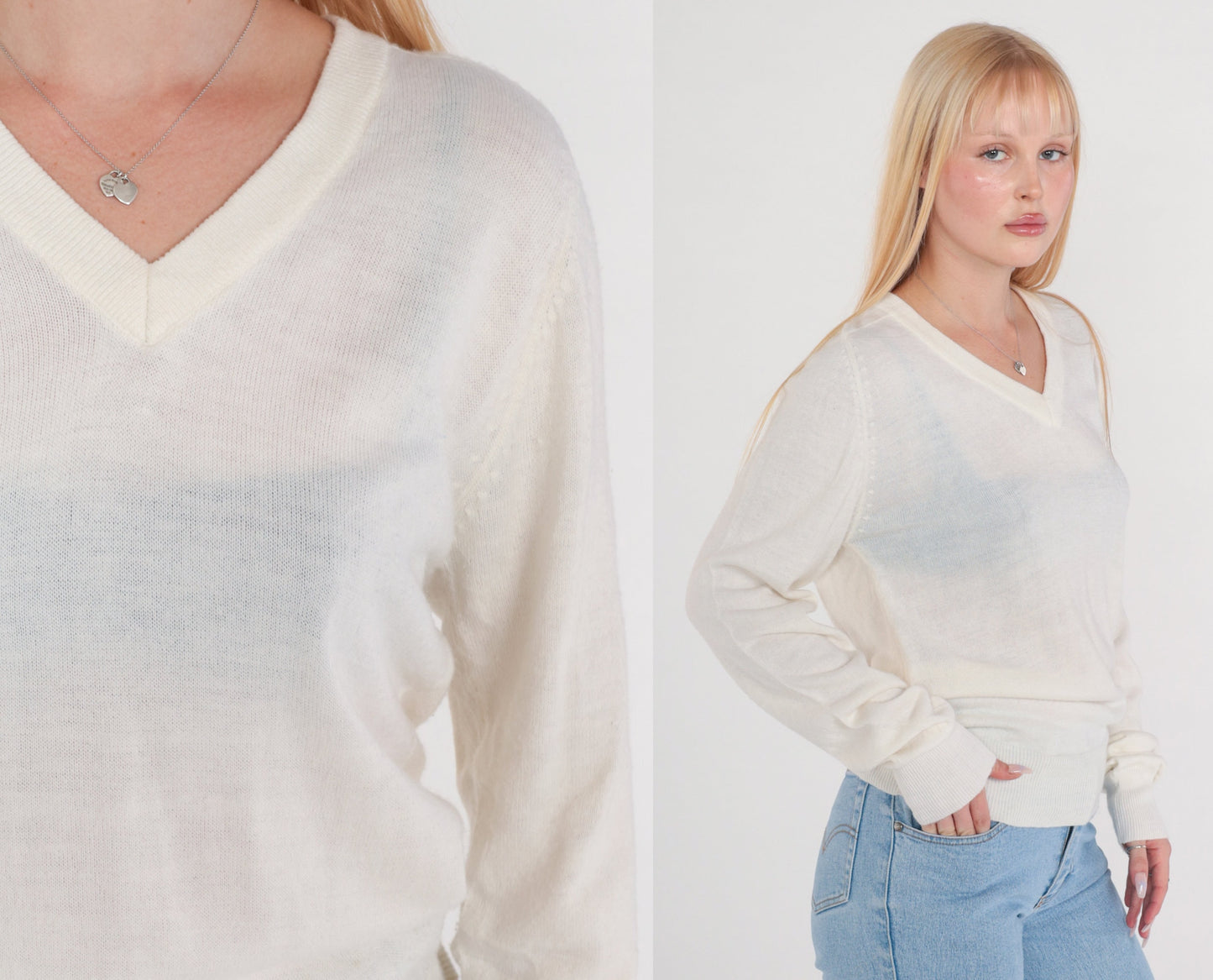 80s White V-Neck Knit Pullover Sweater Semi-Sheer Small S
