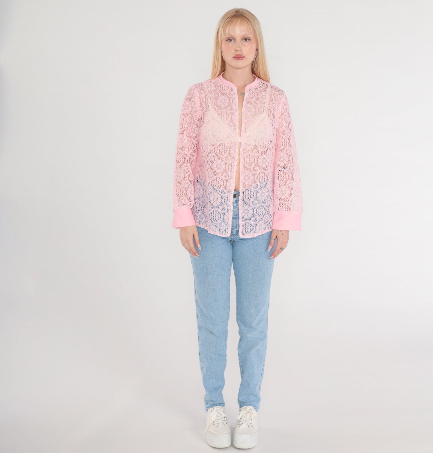 70s Pink Lace Blouse Sheer Floral Long Sleeve Open Front Medium M