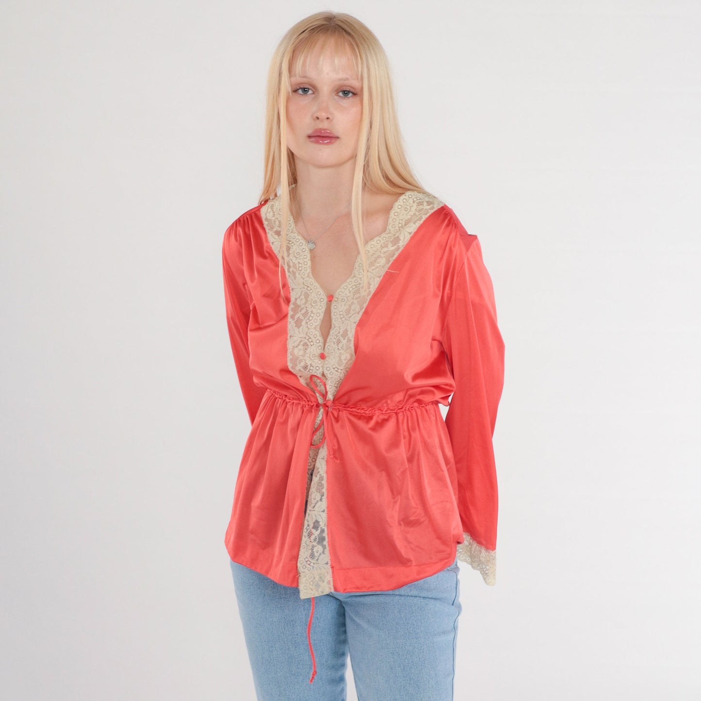 70s Coral Nylon Lace Pajama Top Button-Up Bed Jacket Long Sleeve Medium