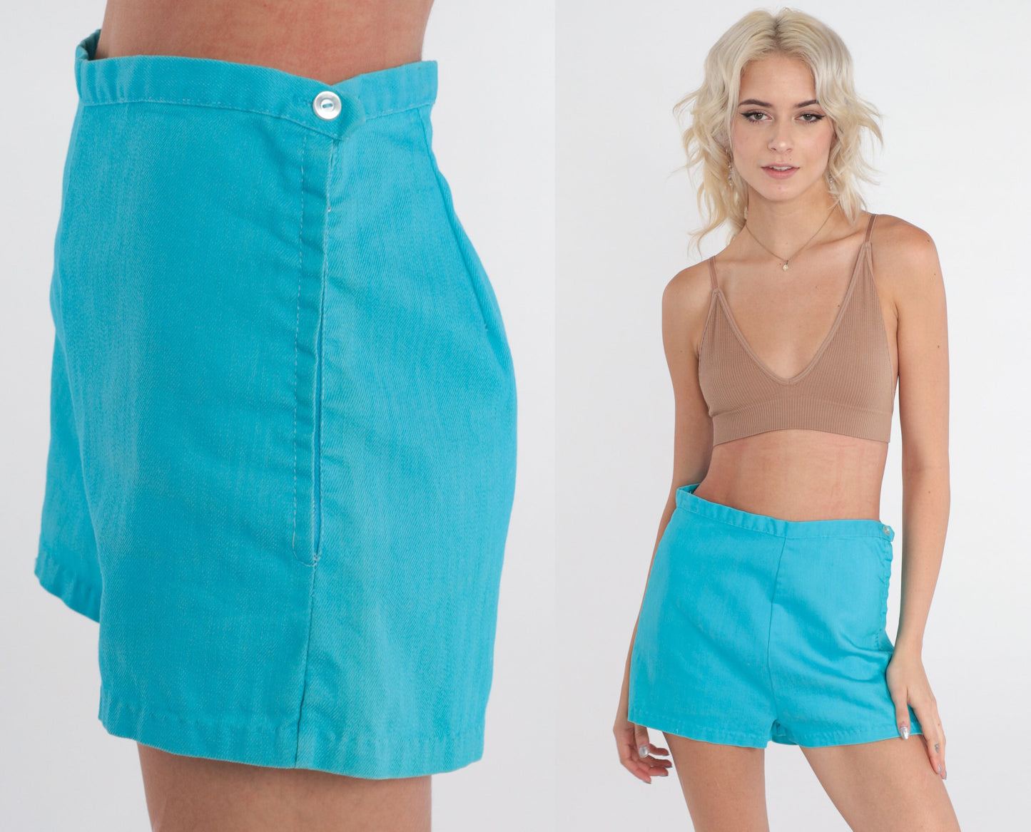 70s High Waisted Shorts Blue Cotton Small S