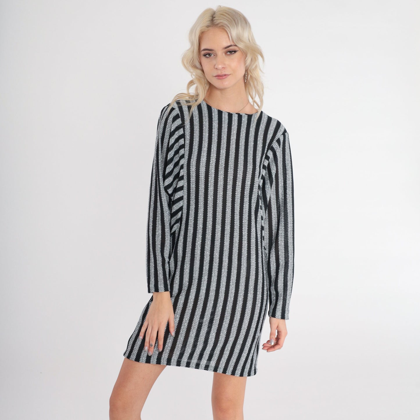 70s Striped Mini Dress Long Sleeve Shift Black White Grey Vertical Stripes Medium