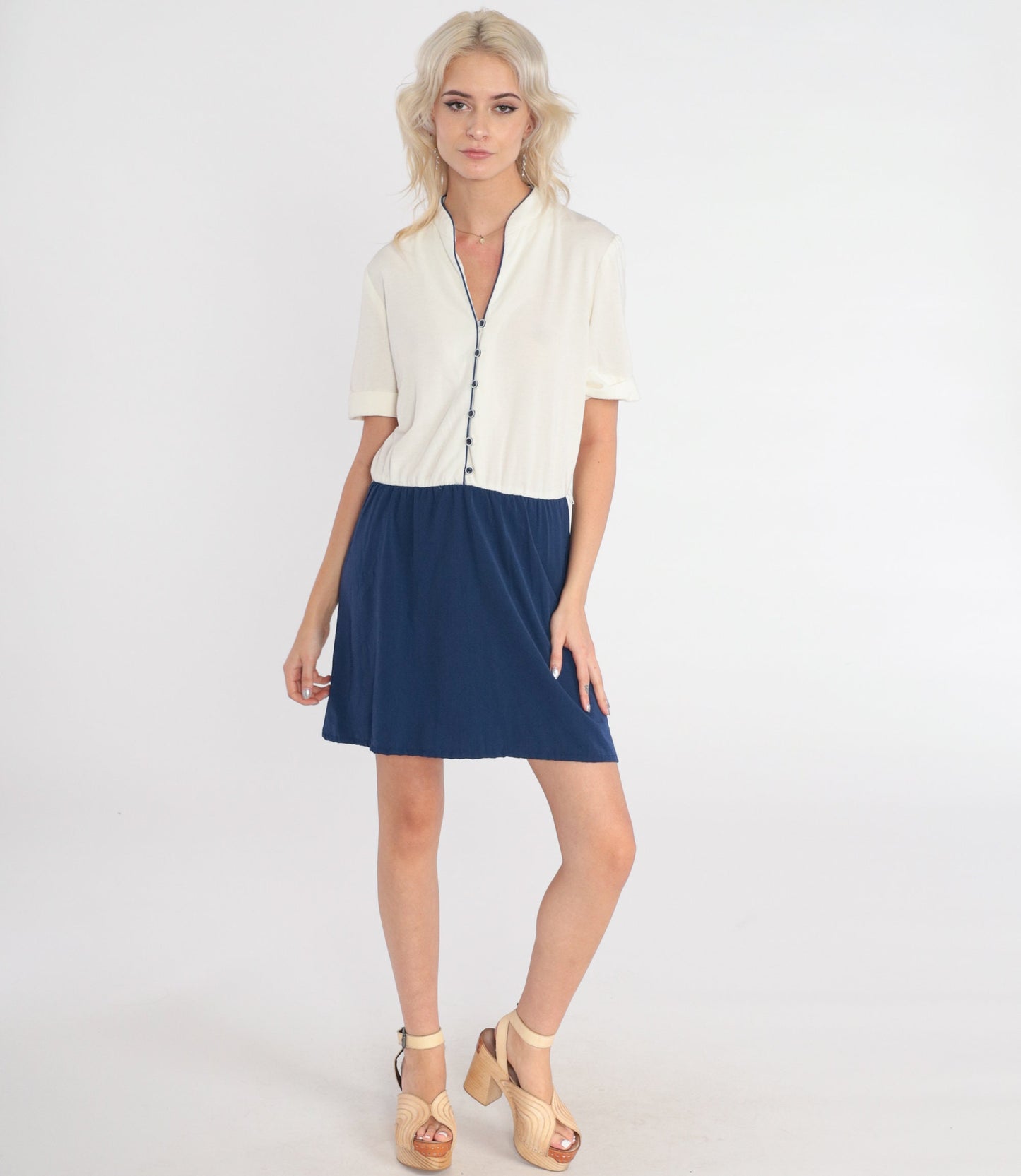 80s White Navy Colorblock Mini Dress Button-Up Shirtwaist Small