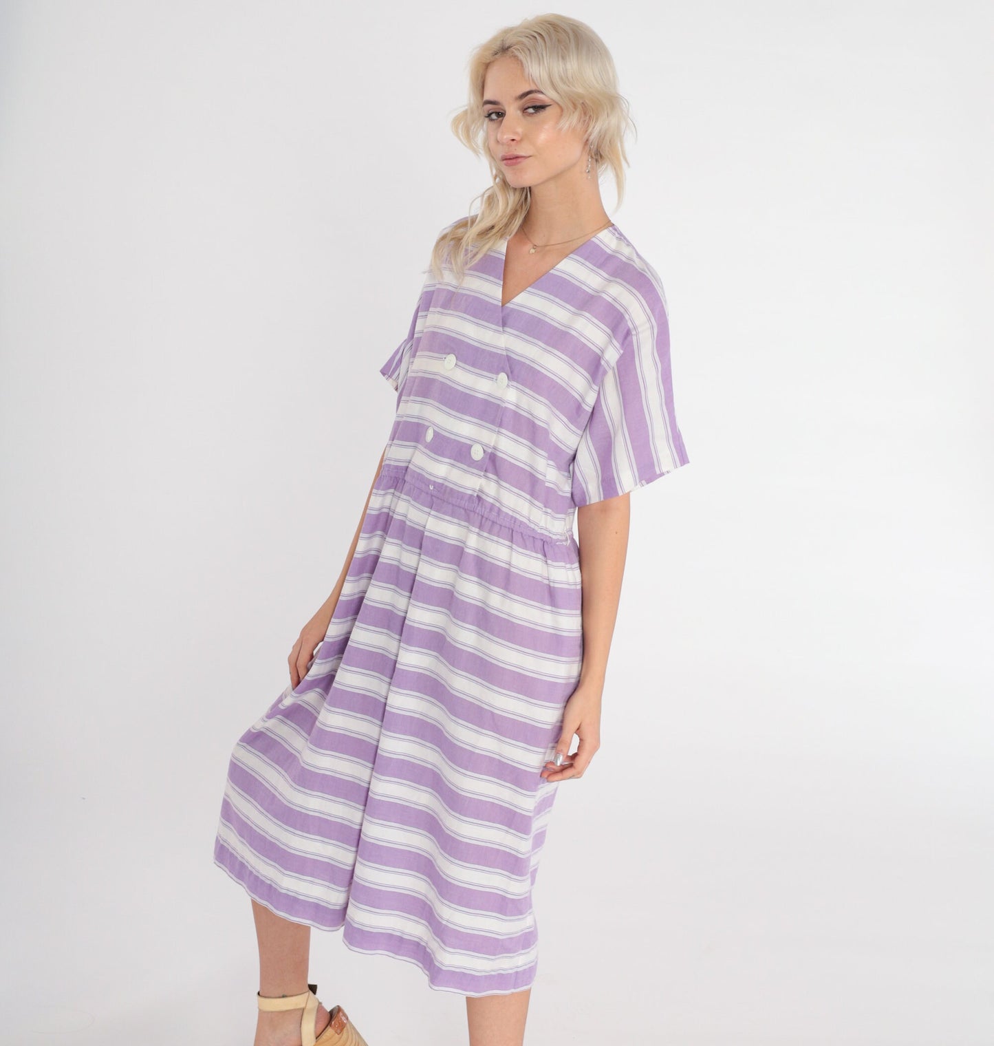 80s Striped Midi Dress White Purple Double Breasted V-Neck High Waisted Medium